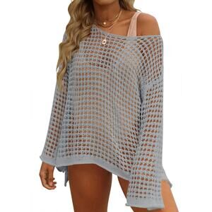 New Small Mesh Crochet Long Sleeve Swimsuit Mesh Cover Up Tunic Top